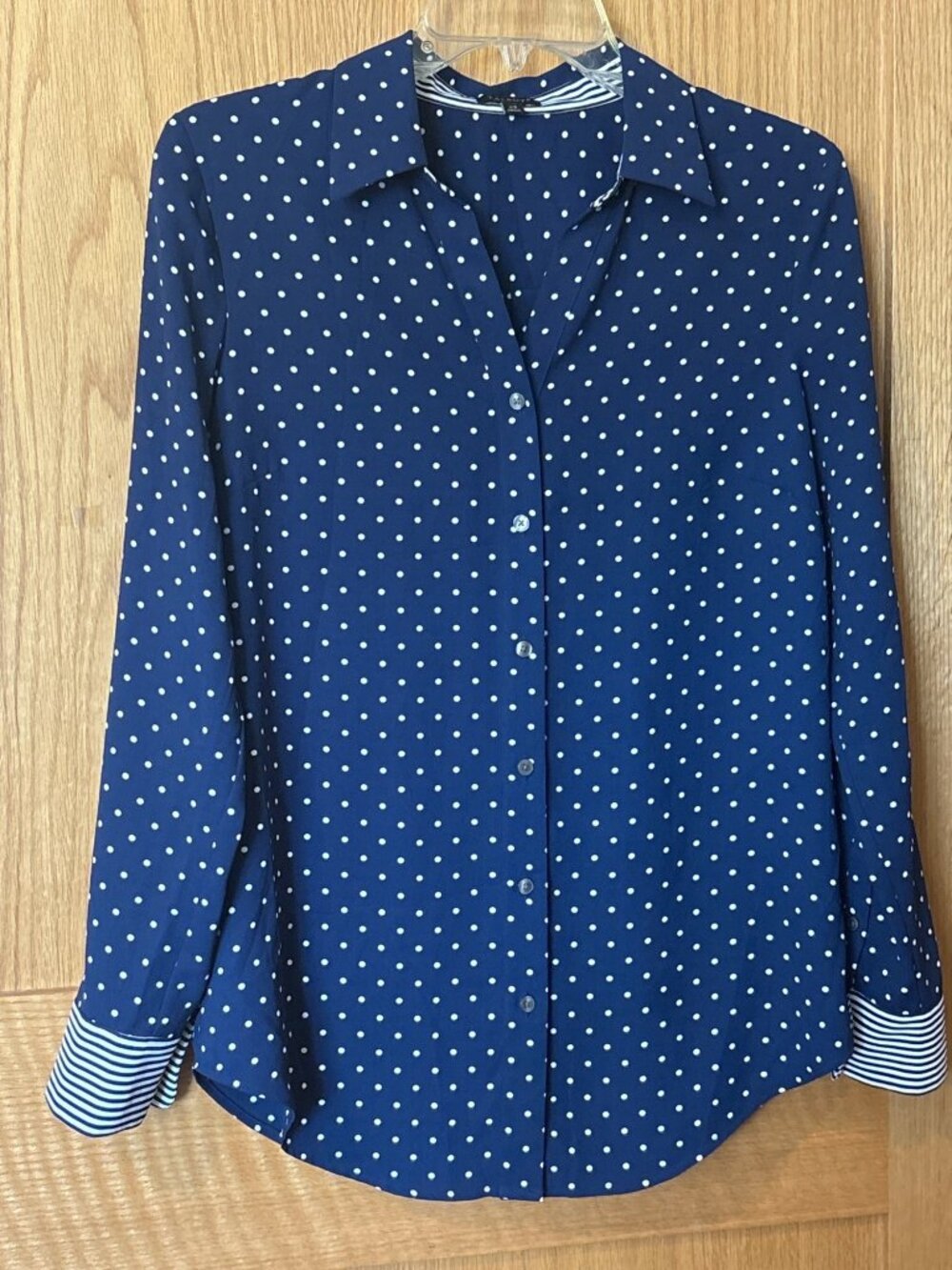 Talbots Womens Navy Polka Dot Button-Up Shirt With Striped Cuffs XS